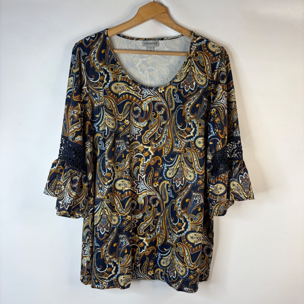 Catherines Blouse Women 0X Multicolor Paisley Crochet Lace Bell Sleeve Top